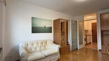 Empty living room with wooden floor, white couch, two wooden cupboards, framed painting