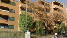 Apartment building with 4 stories, large windows, concrete fence, paved sidewalk, trees