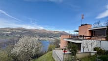 modern house, elevated, balcony, lake view, mountains