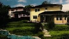 Single story house, yellow, surrounded by grass and small pond, pool in front, trees in the background