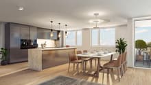 kitchen island, large dining table, chairs, wooden floors, modern lighting, large windows