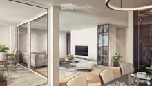 Dining room with balcony, living room with TV, glass walls, wooden floor, modern furniture