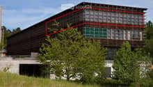 Modern building, glass windows, wooden and metal exterior, green vegetation