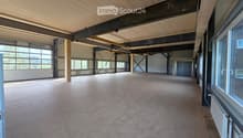 Empty room with concrete floor, wooden ceiling, large windows, and metal beams.