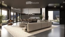 Fireplace, modern living room, dining room, sliding glass doors