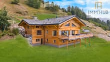 wooden chalet on hill, 2 stories, large terrace with umbrella, sloping grounds, lawn