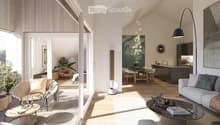 Modern open-concept living space with wooden flooring, large windows, and a dining area connected to the kitchen. Features a central glass partition and a stylish chandelier.