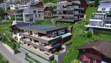 Modern multi-story house with solar panels, swimming pool, terraces, and balconies