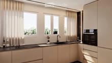 modern kitchen with white cabinets, black countertops, double sink, oven, windows, wooden floor