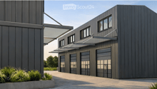 modern building, gray exterior, large garage doors, glass windows, awnings, landscaping