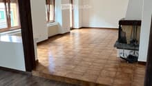 empty room, wooden floor, tiled floor, fireplace, windows, wooden beams