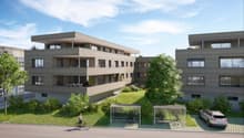 Modern apartment building with balconies, 3 floors, landscaped garden, bicycle parking, car parking