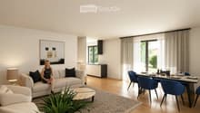 Modern living room with a couch, coffee table, and a dining area with a table and chairs.