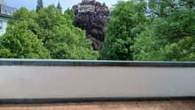 A flat roof terrace with a tiled surface and a low concrete parapet wall, surrounded by lush green trees and a distant view of a spire.