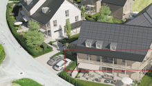 Aerial view of a residential area with multiple houses, parking spaces, and outdoor seating areas.