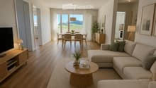 Modern living and dining area with a sectional sofa, coffee table, dining table with chairs, and a TV stand. The space features wooden flooring, large windows with sheer curtains, and decorative plants.