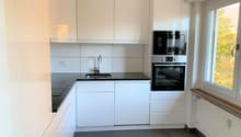 Modern kitchen with white cabinets, stainless steel appliances, and a black countertop.