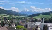 A panoramic view of a town with a mix of residential and commercial buildings, surrounded by green fields and mountains in the background.