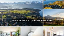 Collage of scenic views and modern interiors, including a living room with a sofa and coffee table, a dining area with a table and chairs, and a kitchen with an oven and fridge.