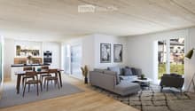 Furnished Room. Modern living room with a grey sectional sofa, coffee table, dining table with chairs, kitchen area with oven and fridge, and large windows with a view of the garden.