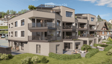Apartment building, balcony, garden, people relaxing, green grass, trees