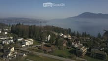 Aerial view of a residential area with multiple buildings, surrounded by trees and a lake in the background.