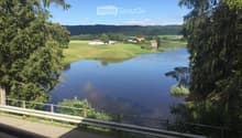 Garden / Outdoor Area. A serene view of a river surrounded by lush green trees and fields, with a few houses visible in the distance under a clear blue sky.