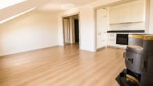 Empty room with light wooden flooring, white walls, and a modern kitchen area with white cabinets and a black oven. A wood-burning stove is visible in the foreground.