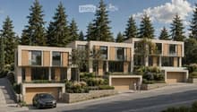 Modern two-story house with large windows, wooden shutters, and a spacious driveway with two garages.