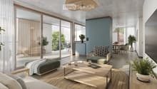 Modern living room with large windows, a sofa, coffee table, dining area, and decorative plants.