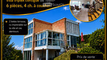 Promotional poster for a triplex villa in La Chaux-de-Fonds, featuring a modern exterior with large windows, balconies, and outdoor seating areas.