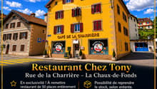 Promotional poster for a commercial property sale featuring a yellow restaurant building with red shutters and signage for "Café de la Charrière" and "Restaurant Chez Tony" in La Chaux-de-Fonds.