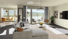 Modern living room with a grey sectional sofa, coffee table, dining area with yellow chairs, large windows offering a scenic view, and decorative plants.