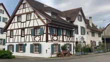 Traditional timber-framed house, brown roof, white walls, green shutters, brown trim, multiple windows, plants in front, man sitting on a cart