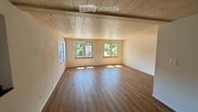 empty room, hardwood floors, white walls, three windows, wooden ceiling