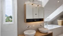 Modern bathroom with two sinks on a wooden vanity, a large mirror with built-in cabinets, a bathtub, and a skylight window providing natural light.