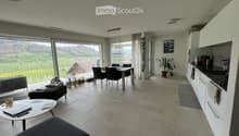 Open-plan living and dining area with large windows offering a scenic view, featuring a sofa, coffee table, dining table, chairs, and a modern kitchen area.