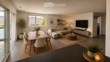 Modern living and dining area with a large window, a grey sectional sofa, a round coffee table, a dining table with chairs, a television, and decorative plants.