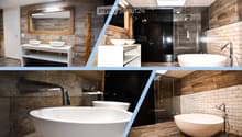 Modern bathroom with wooden accents, white sinks, a large bathtub, and a glass-enclosed shower area.