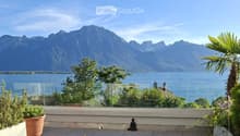 Balcony with glass railing overlooking a lake and mountain range, decorated with potted plants and a small statue.