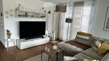 Modern living room with a grey sectional sofa, wooden coffee table, TV stand, cat tree, and decorative shelves. The room features large windows with sheer curtains and a pendant light hanging from the ceiling.