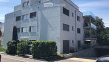 white building, 3 levels, windows with white frames, 2 garages, shrubs and trees in front, entrance on left side
