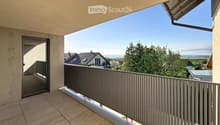 Balcony with wooden flooring, metal railing, and a view of the surrounding landscape and houses.