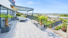 Modern rooftop terrace with a panoramic city view, featuring a sofa, a bench, and several potted plants, including palm trees and flowering shrubs.