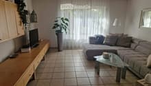 Modern living room with a grey sectional sofa, glass coffee table, flat-screen TV on a wooden cabinet, and a large plant in a grey vase. The room features tiled flooring and large windows with sheer curtains.