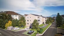 3-story residential building, modern design, beige exterior, multiple parking spots, trees and plants, central road, cars parked in front