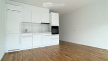 Empty room with light-colored walls, wooden flooring, and a small white kitchen area featuring cabinets and a sink.