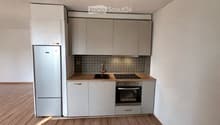 Modern kitchen with light-colored cabinets, stainless steel appliances, and wooden countertops.