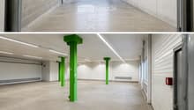Three images showing an industrial building with large garage doors, concrete floors, and green structural pillars inside. The exterior features a modern, metallic facade with multiple garage doors and windows.