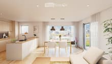 Open-plan living and dining area with modern furniture, large windows, and a kitchen island. Features a sofa, coffee table, dining table with chairs, and a kitchen area with a sink and countertop.